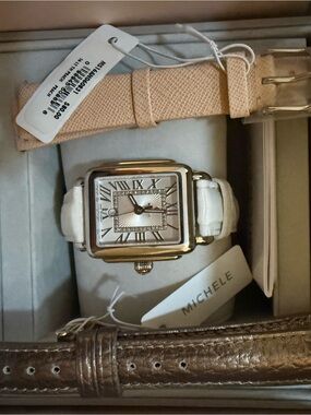 Brand New! Michele White Croc-Embossed (Alligator) Leather Square Dial Watch